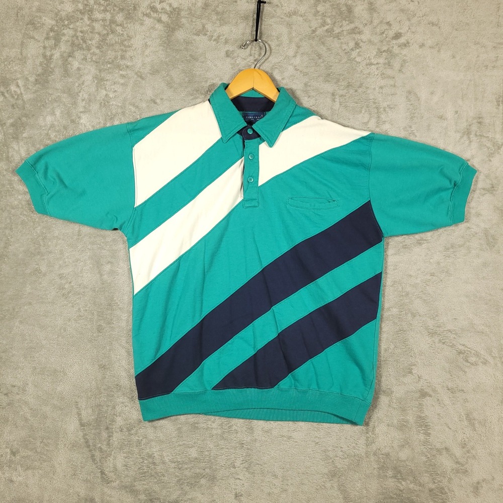 Towncraft Polo Shirt Mens L Teal Green Striped Vintage Banded Hem Short Sleeve